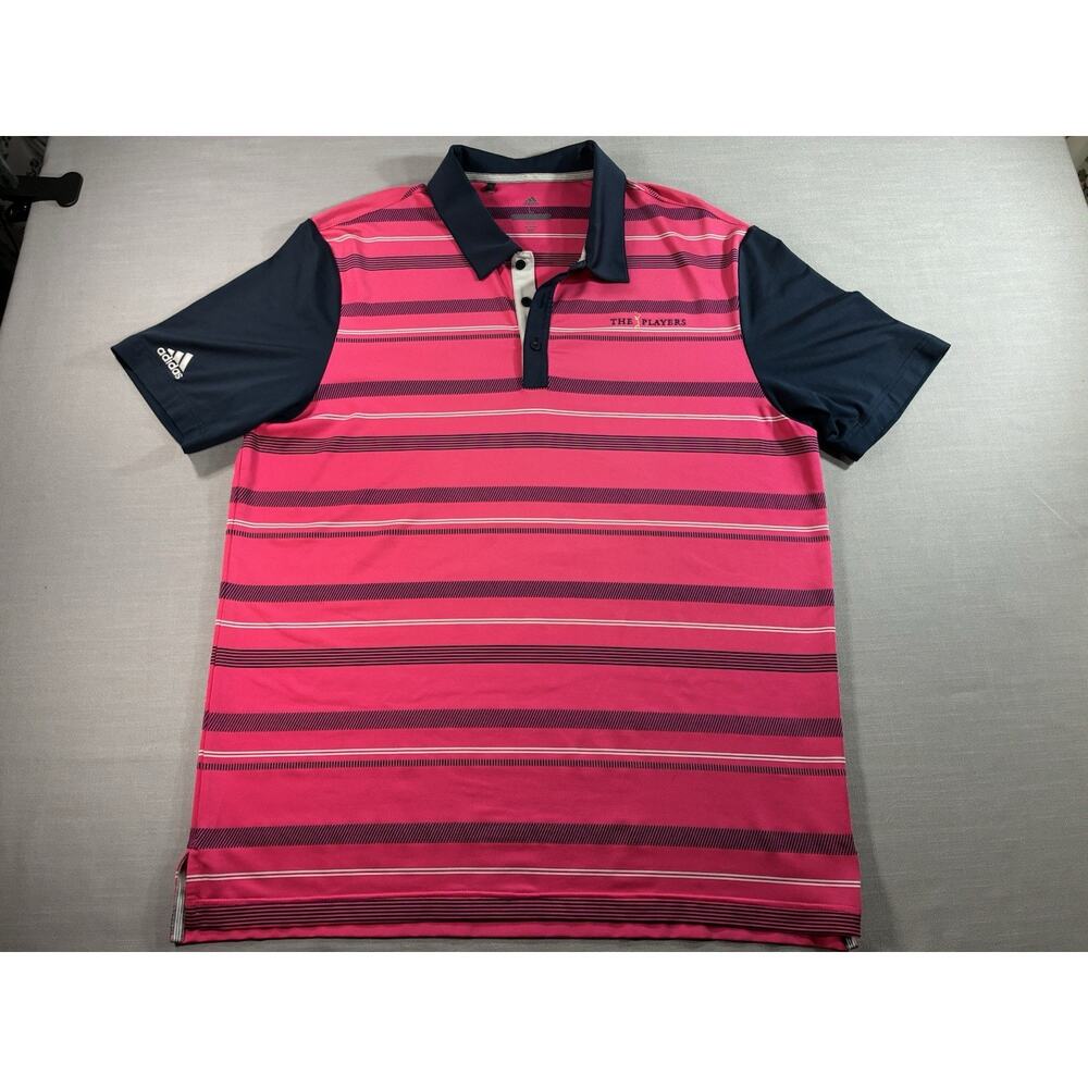 Adidas Golf Polo Men’s Large Pink Navy Striped The Players Championship Shirt